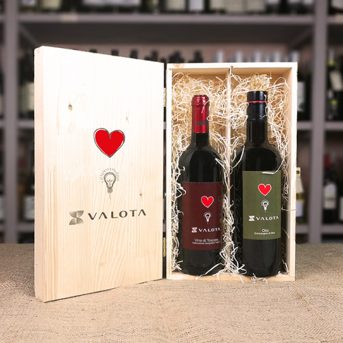 Box di legno con logo e due bottiglie (vino e olio) Valotta